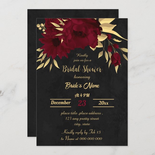 Invitación Moda burgundy y ducha de novia negra dorada (Anverso / Reverso)