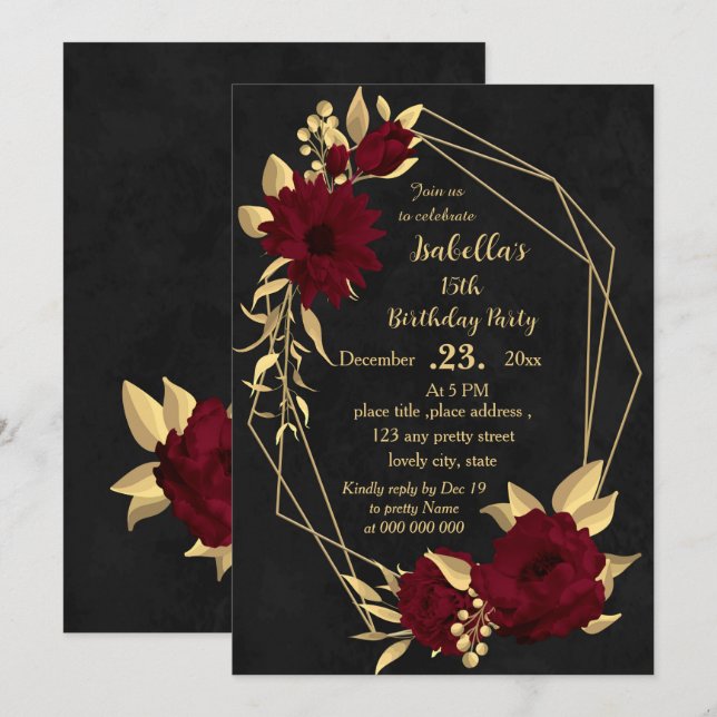 Invitación Moda burgundy y fiesta de cumpleaños de oro negro (Anverso / Reverso)