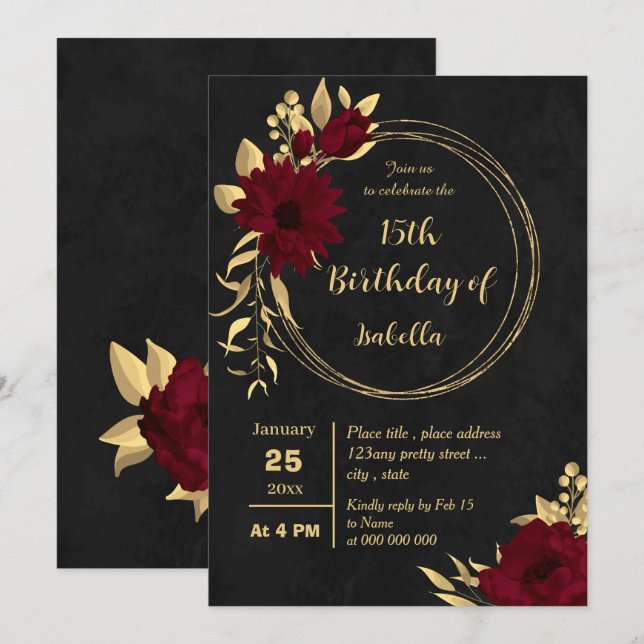 Invitación Moda burgundy y fiesta de cumpleaños de oro negro (Anverso / Reverso)