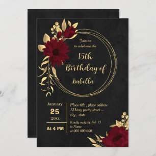 Invitación Moda burgundy y fiesta de cumpleaños de oro negro
