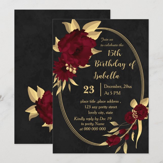 Invitación Moda burgundy y fiesta de cumpleaños de oro negro (Anverso / Reverso)