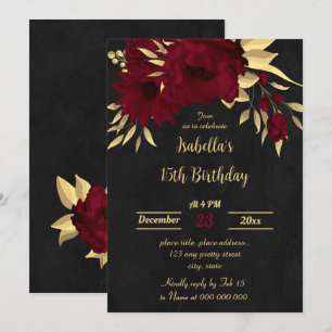 Invitación Moda burgundy y fiesta de cumpleaños de oro negro