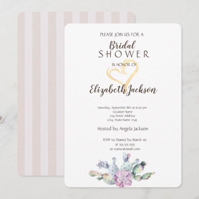 Invitación Moda Cactus Gold Purpurina Heart Bridal Shower (Anverso / Reverso)