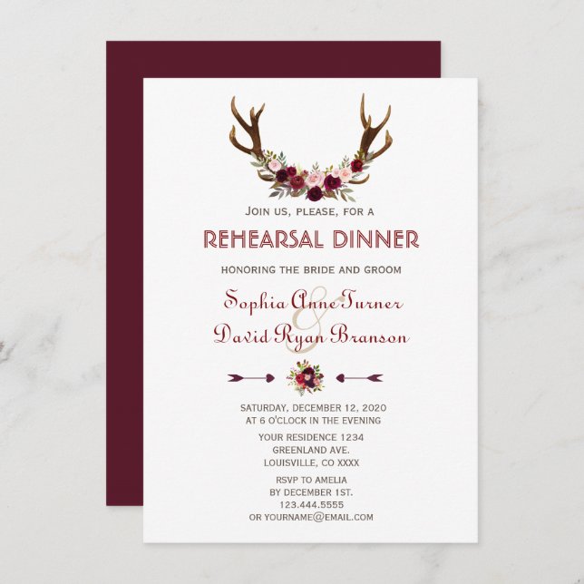 Invitación Moda Caída Marsala Antlers Floral Ensayo Cena (Anverso / Reverso)