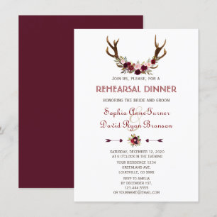 Invitación Moda Caída Marsala Antlers Floral Ensayo Cena