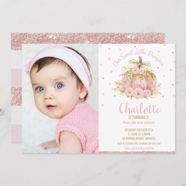 Invitación Moda Calabaza Rosada Primera Chica de Cumpleaños F (Anverso / Reverso)