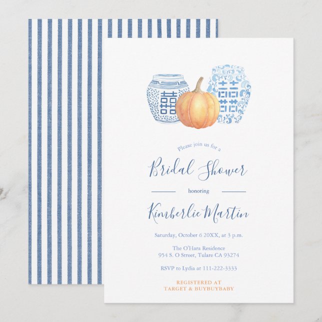 Invitación Moda Calabazas De Ataques Azules Y Blancas Ducha B (Anverso / Reverso)