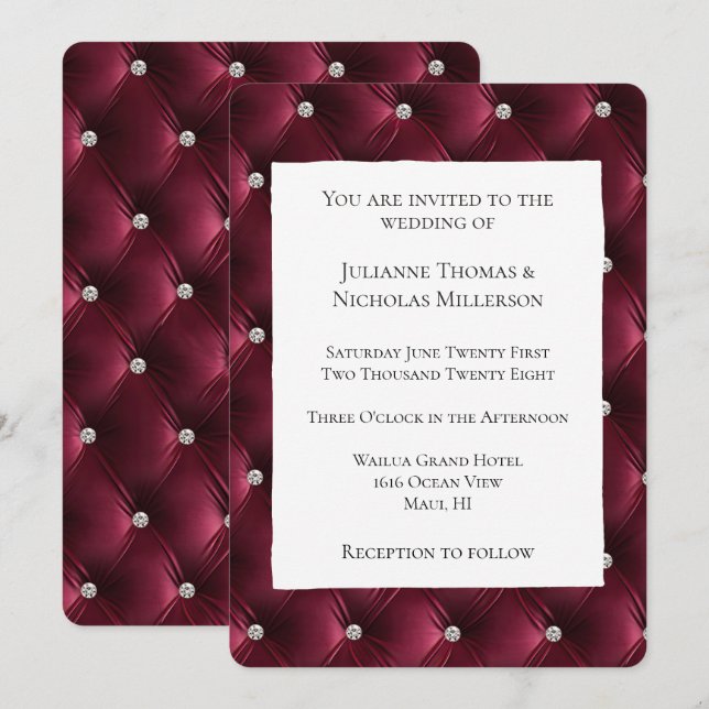 Invitación Moda cálida Boda de terciopelo rojo borgoña profun (Anverso / Reverso)