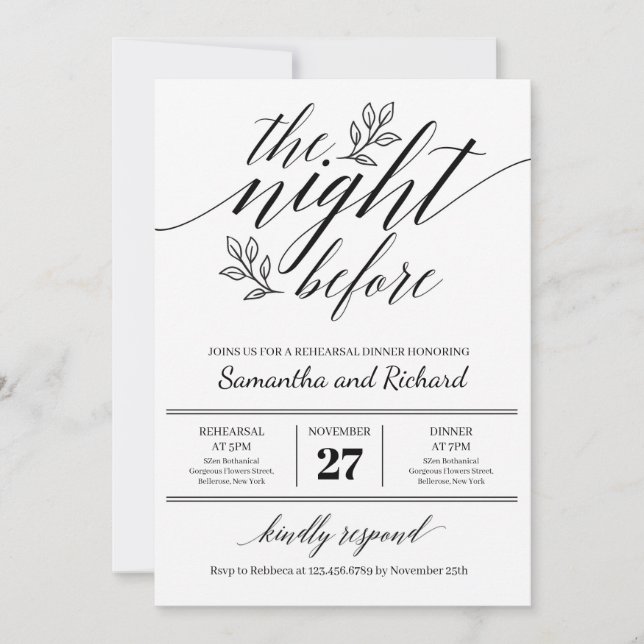 Invitación Moda caligrafía adorno floral noche anterior (Anverso)