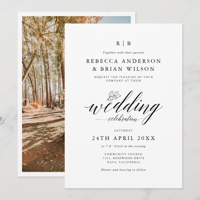 Invitación Moda Caligrafía Elegante Boda de fotografía (Anverso / Reverso)