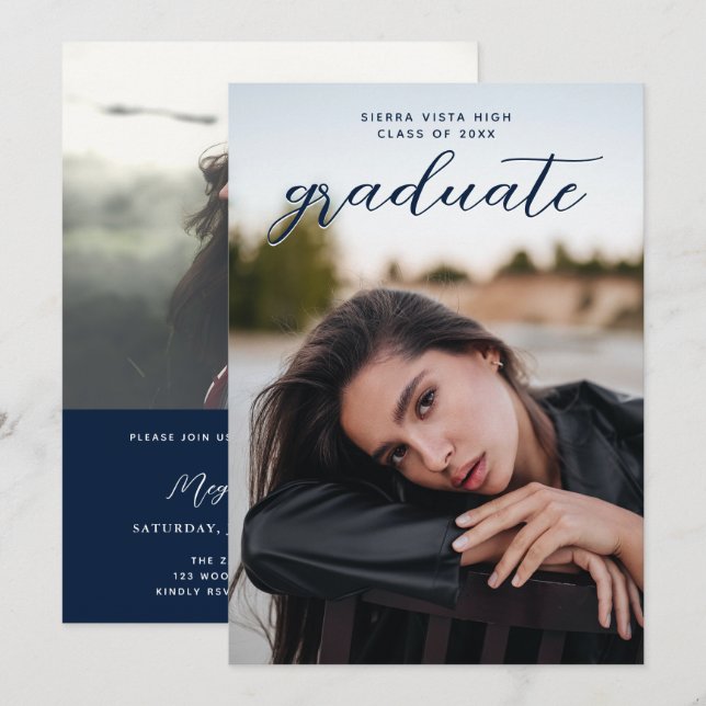 Invitación Moda Caligrafía Marina Azul Dos Graduación de Foto (Anverso / Reverso)