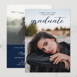 Invitación Moda Caligrafía Marina Azul Dos Graduación de Foto