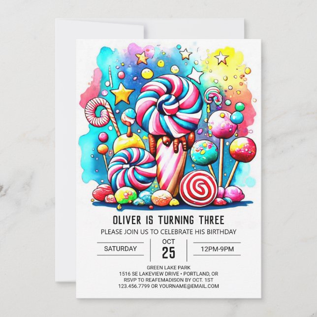 Invitación Moda Candyland Niños Cumpleaños (Anverso)