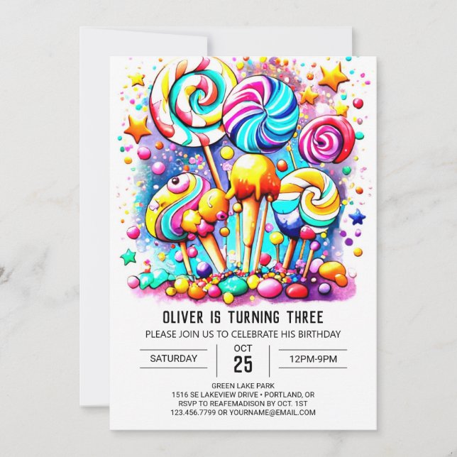 Invitación Moda Candyland Niños Cumpleaños (Anverso)