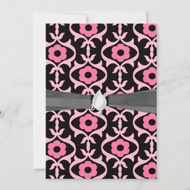 Invitación moda caprichoso damasco de flor rosa sobre negro (Anverso)