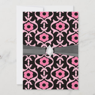 Invitación moda caprichoso damasco de flor rosa sobre negro