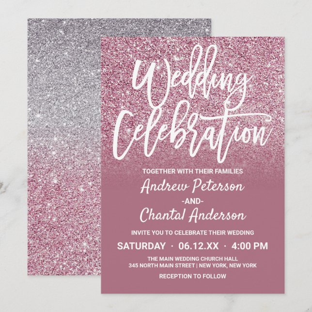 Invitación Moda Cassis Purpurina Ombre Boda  de Faux Plata Ro (Anverso / Reverso)