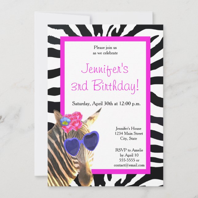 Invitación Moda cebra glamour animal chica feliz cumpleaños (Anverso)
