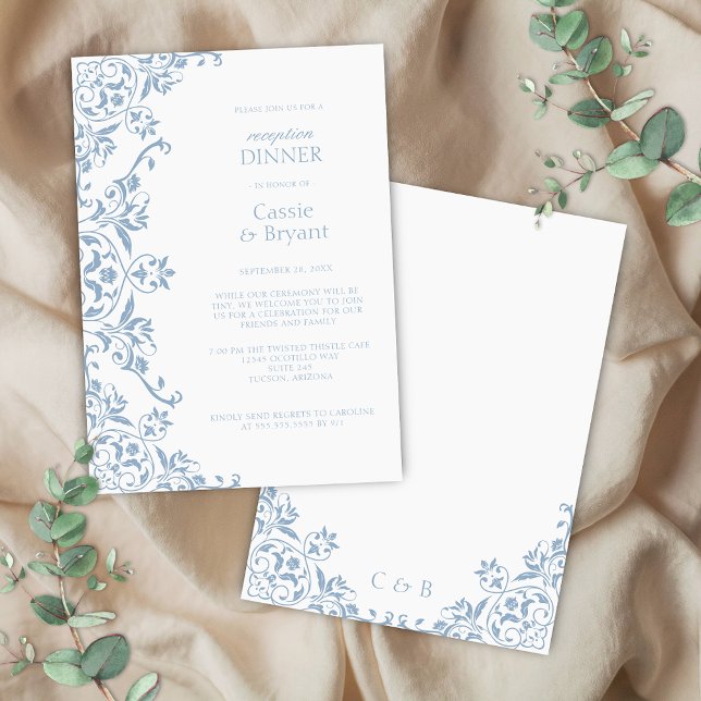 Invitación Moda Cena en recepción de Bodas Blancas y Azules (elegant blue and white formal reception dinner invitation with floral border for regency era theme)