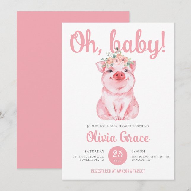 Invitación Moda Cerdito rosa caliente Niña Baby Shower (Anverso / Reverso)