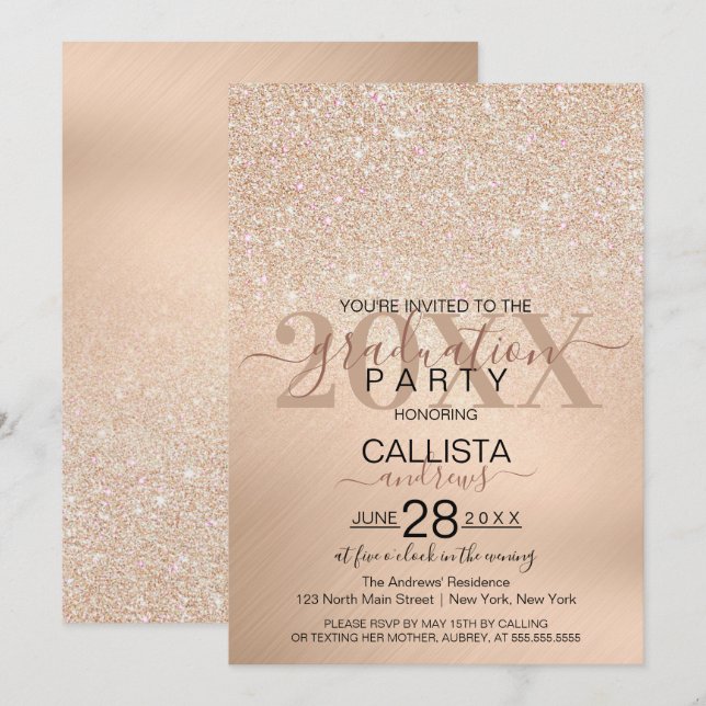 Invitación Moda Champagne Gold Purpurina Graduación metálica (Anverso / Reverso)