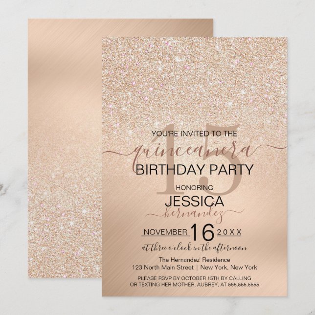 Invitación Moda Champagne Gold Purpurina Metálico Quinceañera (Anverso / Reverso)