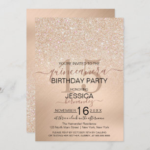 Invitación Moda Champagne Gold Purpurina Metálico Quinceañera