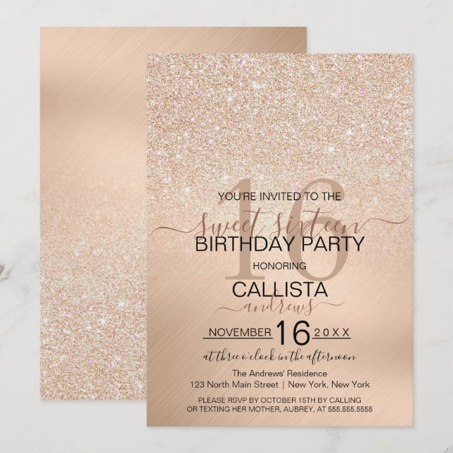 Invitación Moda Champagne Gold Purpurina Metálico Sweet 16 (Anverso / Reverso)