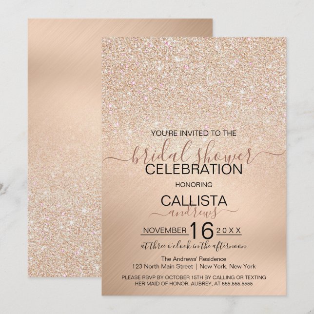 Invitación Moda Champagne Purpurina de oro ducha de novia met (Anverso / Reverso)