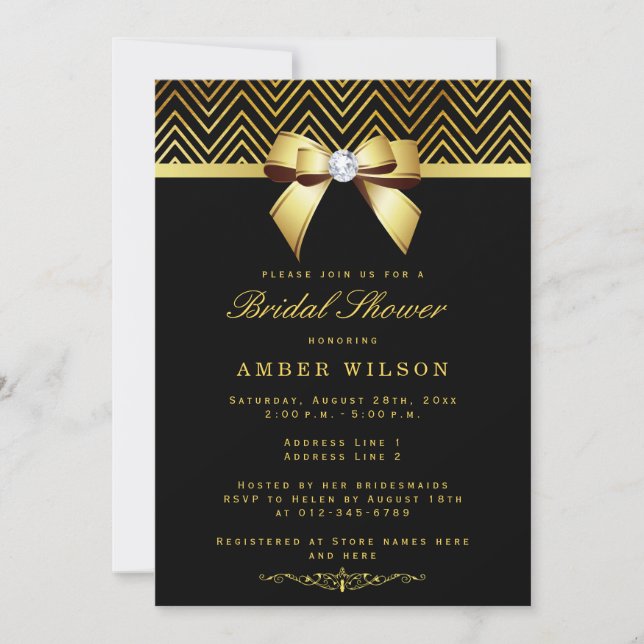 Invitación Moda Chevrons de oro negro Ducha de novia con bril (Anverso)