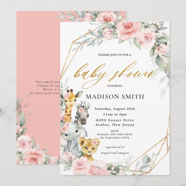 Invitación Moda Chica de Baby Shower de animales de la selva  (Anverso / Reverso)