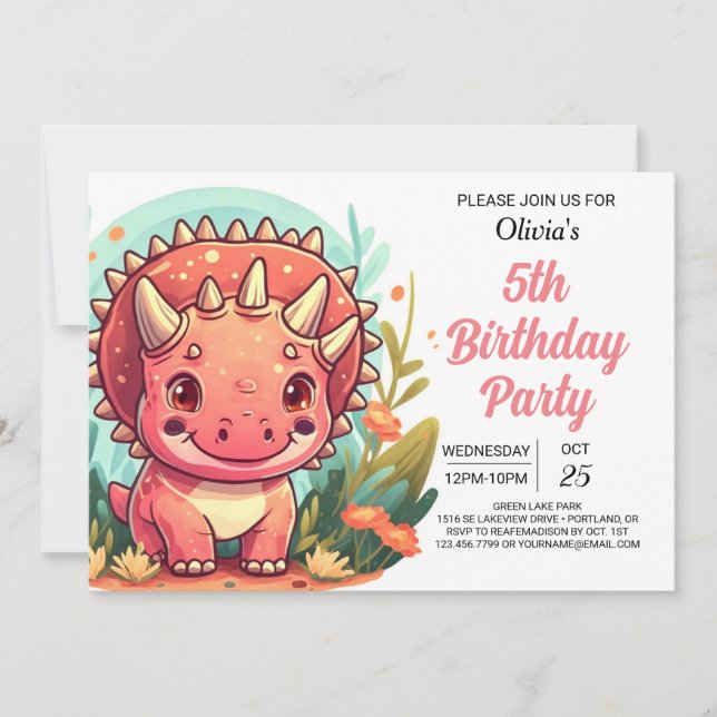 Invitación Moda Chica de dinosaurios imprimible rosa Cumpleañ (Anverso)