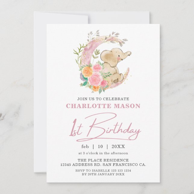Invitación Moda Chica de la Luna Floral Rosa Elefante Primer  (Anverso)