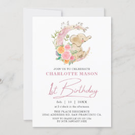 Invitación Moda Chica de la Luna Floral Rosa Elefante Primer 