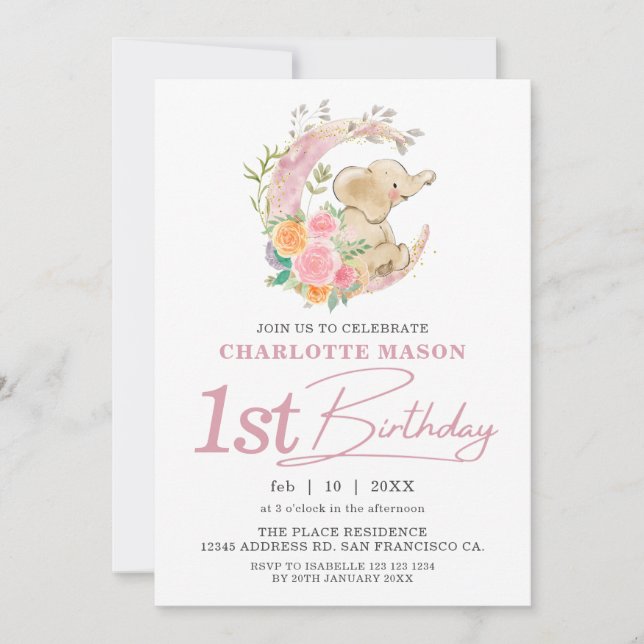 Invitación Moda Chica de la Luna Floral Rosa Elefante Primer  (Anverso)