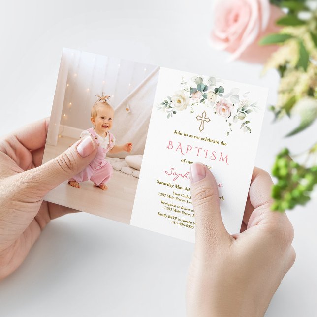 Invitación Moda Chica de oro floral blanco rosado foto bautis (Subido por el creador)