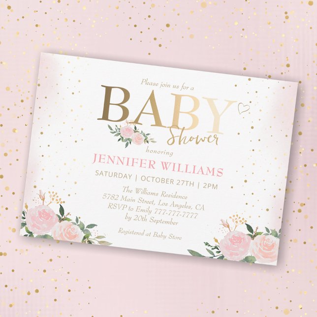 Invitación Moda Chica de oro floral rosa Baby Shower (Subido por el creador)