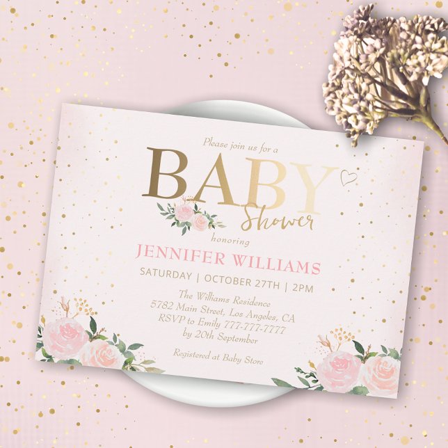 Invitación Moda Chica de oro floral rosa Baby Shower (Subido por el creador)