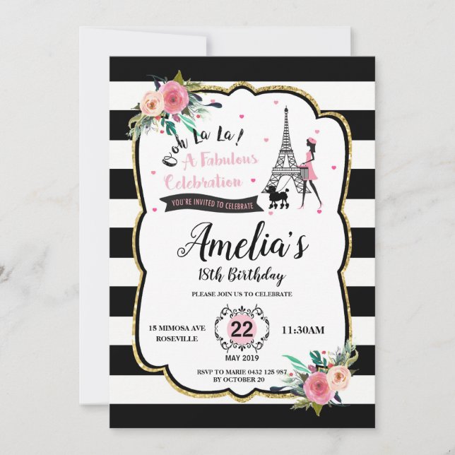 Invitación Moda Chica de París y fiesta de cumpleaños de Pood (Anverso)