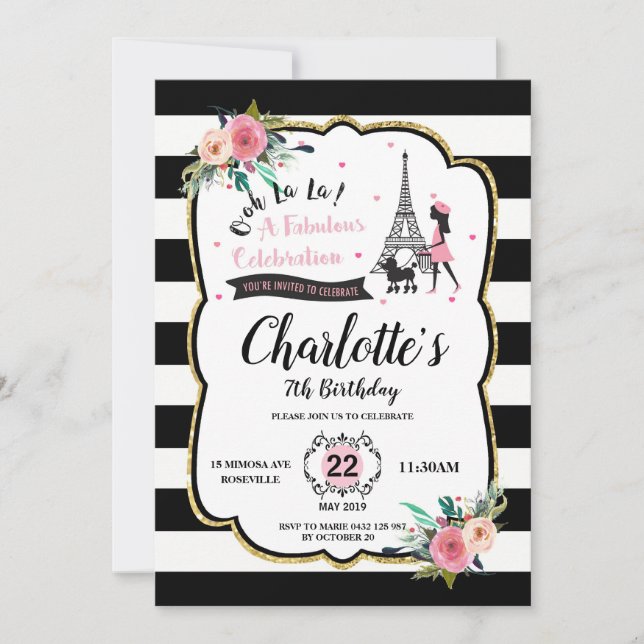 Invitación Moda Chica de París y fiesta de cumpleaños de Pood (Anverso)
