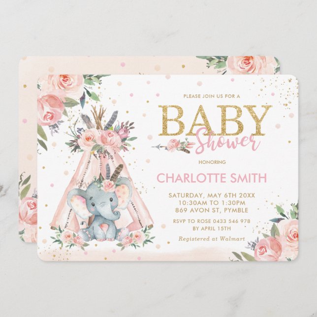 Invitación Moda Chica elefante floral rosa  Baby Shower (Anverso / Reverso)