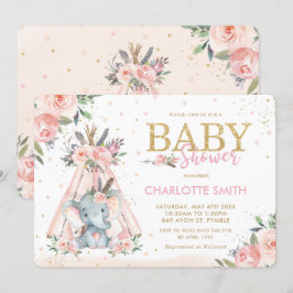 Invitación Moda Chica elefante floral rosa  Baby Shower