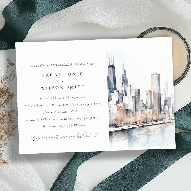 Invitación Moda Chicago Illinois City Scape Rehearsal Dinner (Subido por el creador)