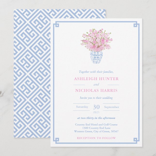 Invitación Moda Chinoiserie Boda De Acuarela Rosa Y Azul (Anverso / Reverso)