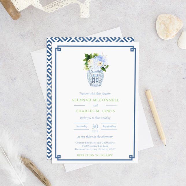 Invitación Moda Chinoiserie Boda de Jar de jengibre azul y ve (Subido por el creador)