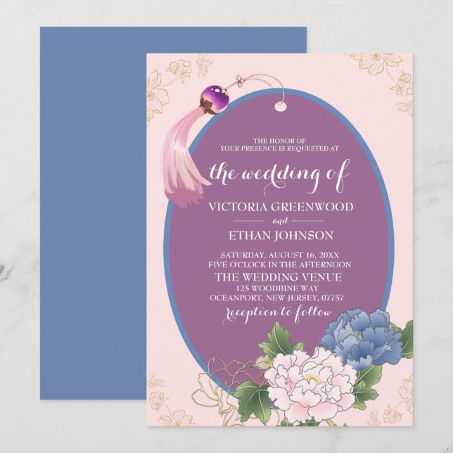 Invitación Moda Chinoiserie Peonies & Tassel Boda Invitati (Anverso / Reverso)