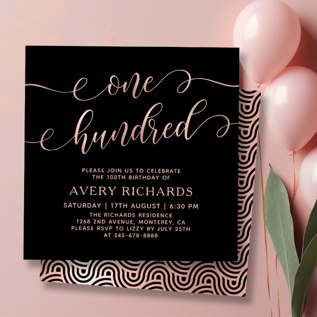 Invitación Moda Ciento Rosa de Oro Script 100 cumpleaños (Subido por el creador)