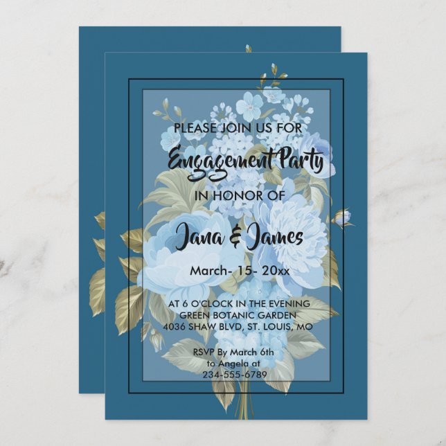 Invitación Moda clásica azul floral Engagement (Anverso / Reverso)