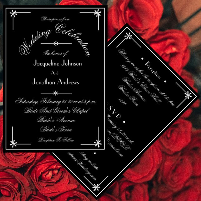 Invitación Moda clásica blanco y negro todo en un Boda (Classic black and white wedding invitations. Chic script, all in one, incl RSVP, email, website etc.)