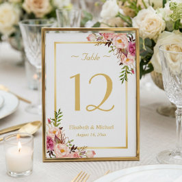 Invitación Moda Clásica Boda de oro floral rosa Número de tab